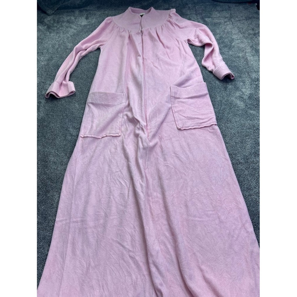 Vintage Gerry Pink Zip Front House Coat Robe Long Velour Pockets Size 12/14